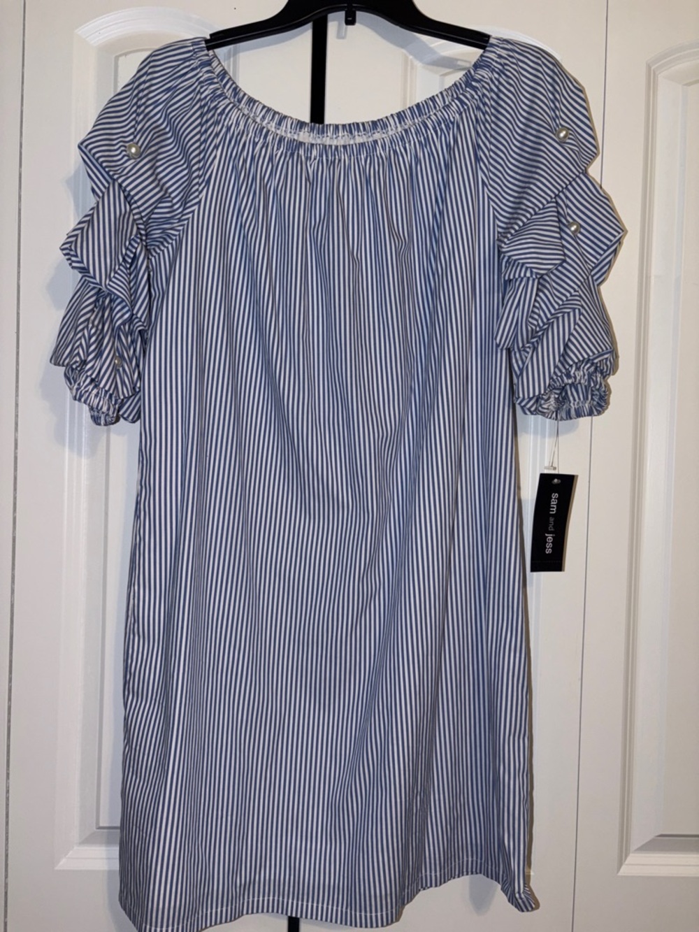 Striped Off-Shoulder Midi Dress - Blue/White